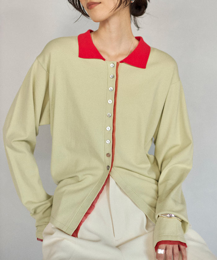 Color Design Fake Layered Long Sleeve Polo Knit Cardigan