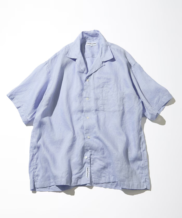 Linen Open Collar Short Sleeve Shirt - Sax