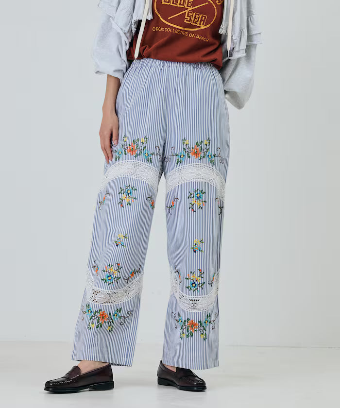 India Flower Cross Embroidery Lace Pants