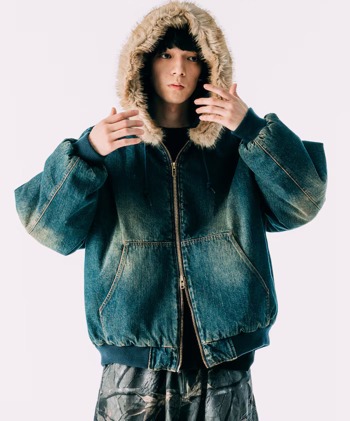2way fake fur zip-up padded hooded jacket with detachable fur