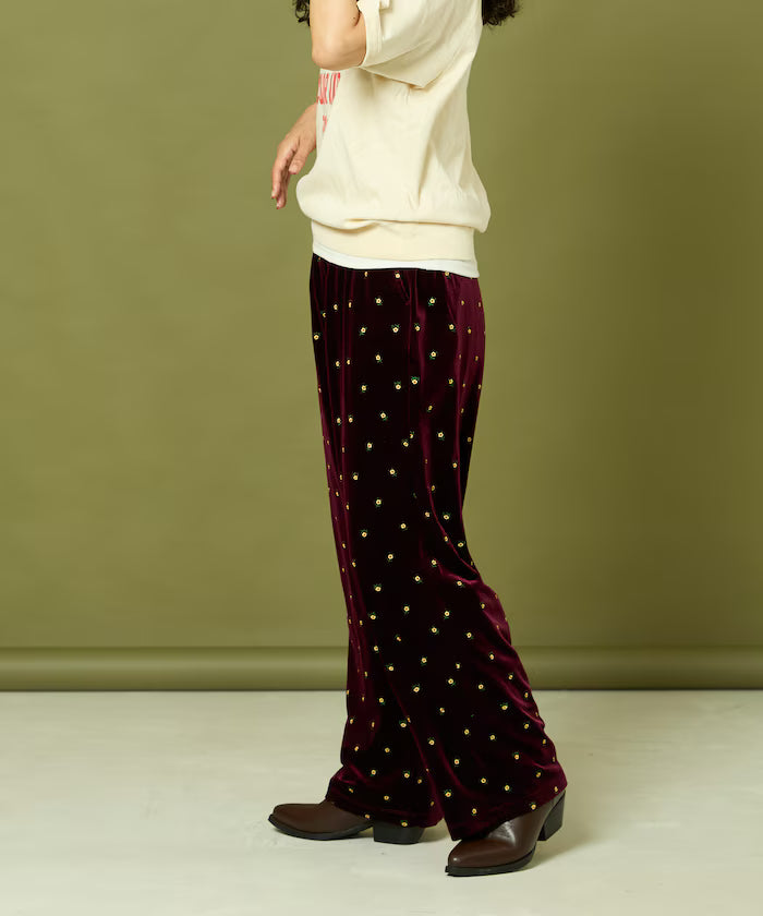 Small Flower Embroidery Velvet Pants