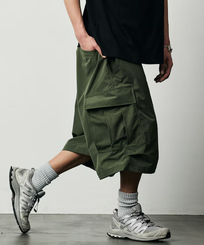 Quick Dry Fabric Wide Silhouette Poly Rip Cross Short Cargo Pants/UV Cut/Quick Dry 【Limited Release】 - Olive