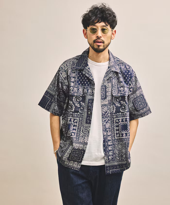 India-made Relaxed Fit Paisley Print Open Collar Short Sleeve Shirt Bandana Pattern