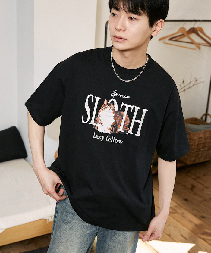 <Functional Material> SLOTH Embroidered Cat T-Shirt Limited Edition