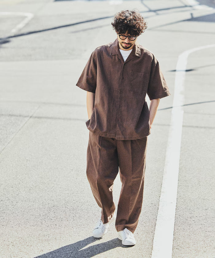 LINEN COTTON OPEN COLLAR SS SHIRT