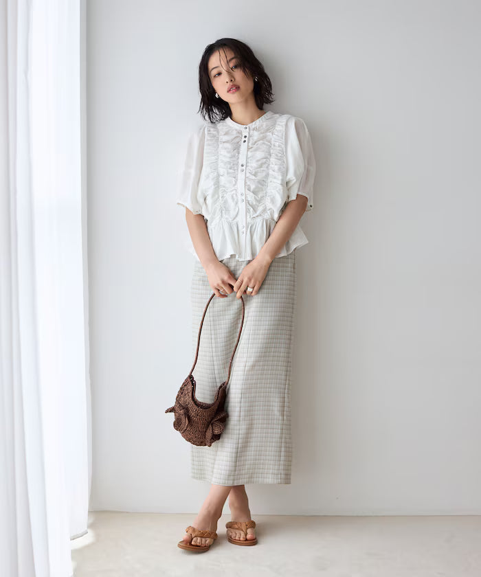 Sheer Shirring Volume Sleeve Blouse / 5 Short Sleeves