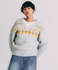 V-neck color block Nordic pattern knit - Light Gray