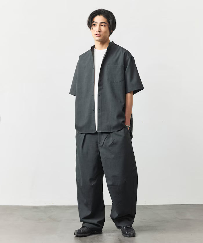 [New Color Added] Quick-Dry Material Relaxed Fit Band Collar Shirt Short Sleeve Linen Feel