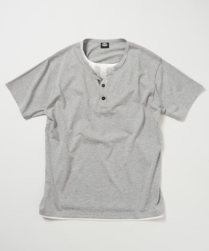 Fake Layered Henry Neck Cut-and-sew Short Sleeve T-shirt [Limited Edition]