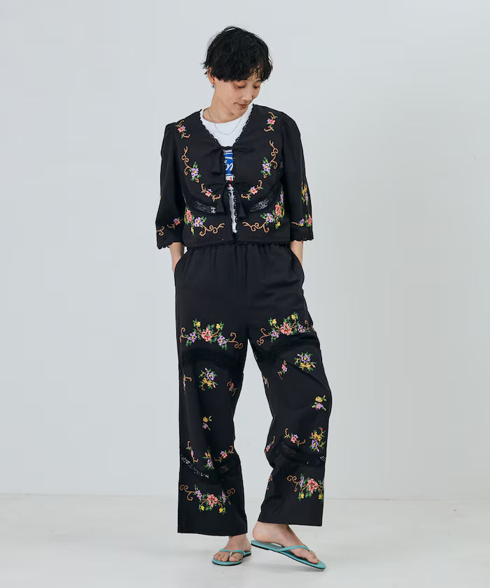 India Flower Cross Embroidery Lace Pants