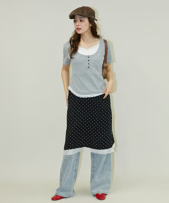 Short Sleeve Lace Layered Style Henley Neck T-Shirt Limited Edition
