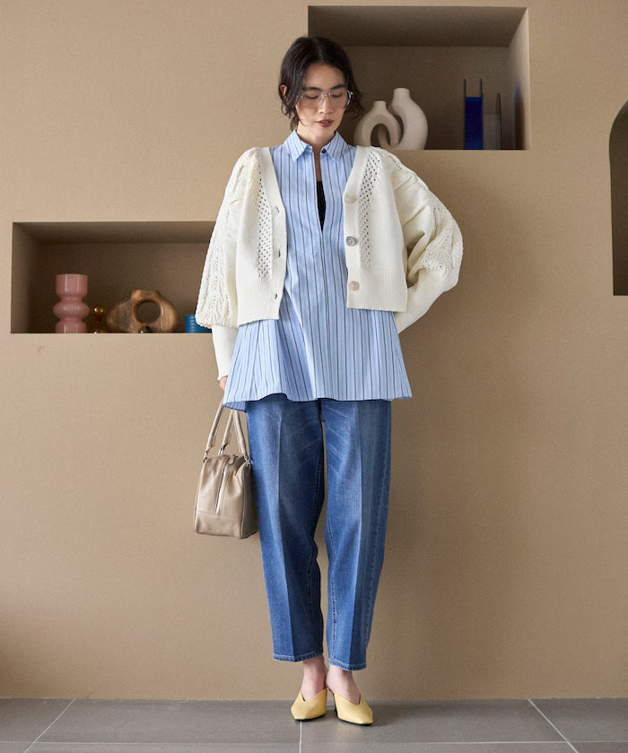 Variation Button Volume Sleeve Cable Knit Cardigan