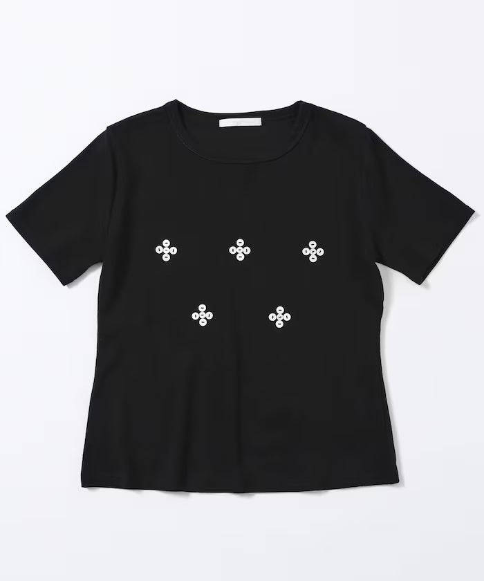 Shell Button Flower Motif Cotton Modal T-Shirt