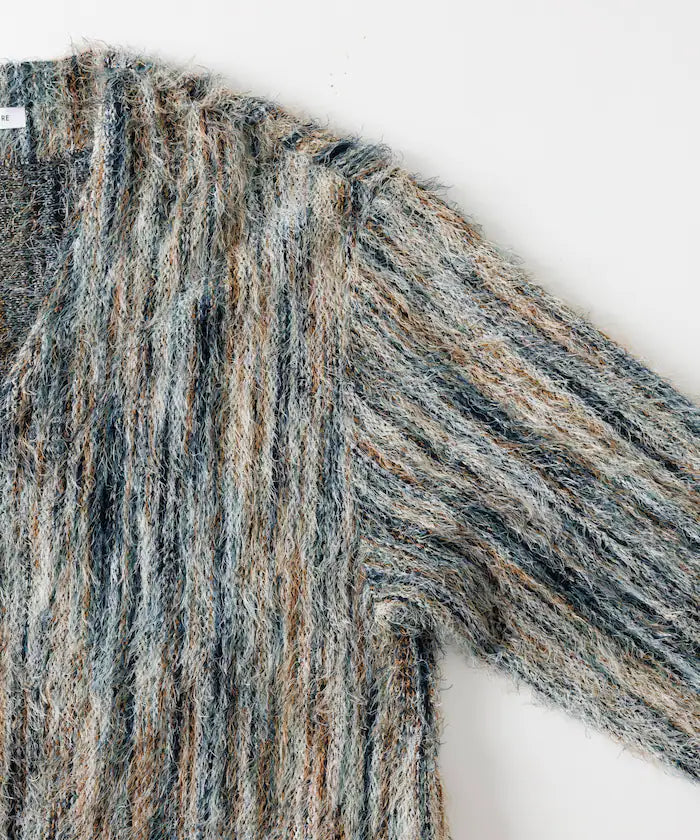 Relaxed Fit Shaggy Knit Multi-Stripe Cardigan