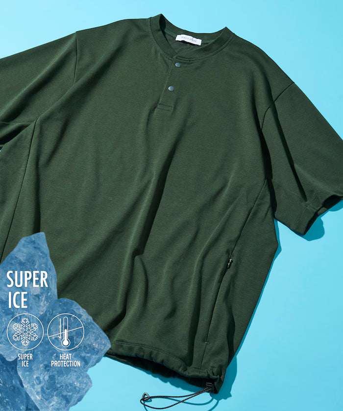 SUPER ICE / Super Ice Henry Neck Spindle T-Shirt Contact Cold Sensation / Quick Drying / UV Cut - Green