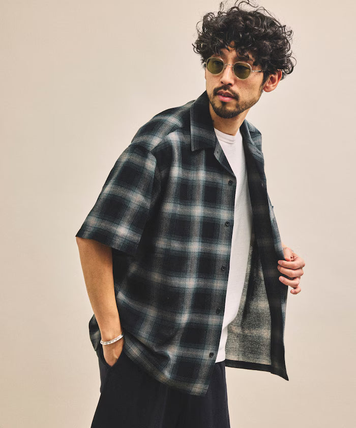 Dyed Ombre Check Open Collar Short Sleeve Sheer Shirt Relaxed Fit