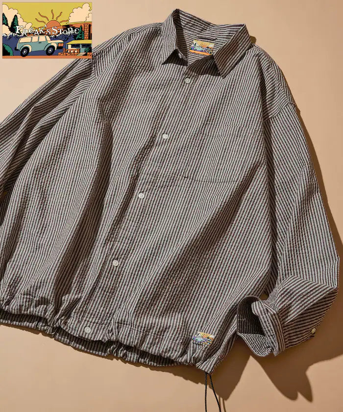 FREAK'S STORE for BEACH & FES Seersucker Spindle Regular Collar Long Sleeve Shirt - Brown Stripe
