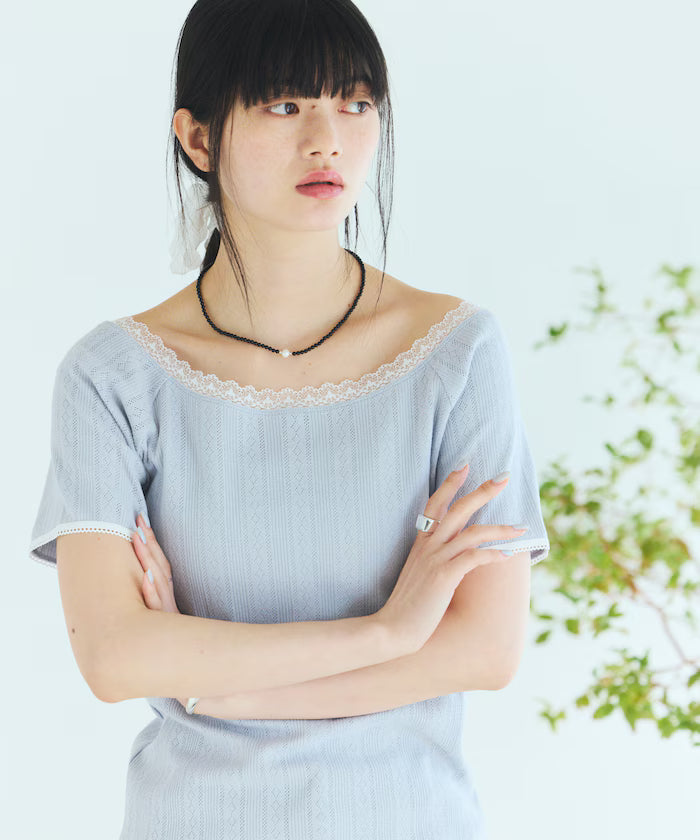 Boat Neck Pullover Knit Lace T-Shirt