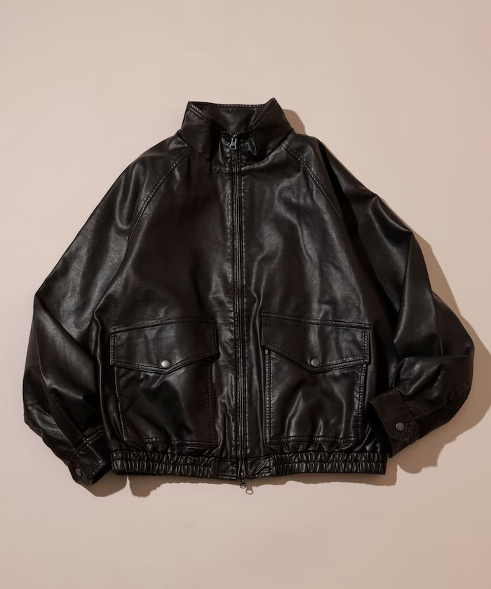 Washed processed leather red stand collar zip-up short blouson