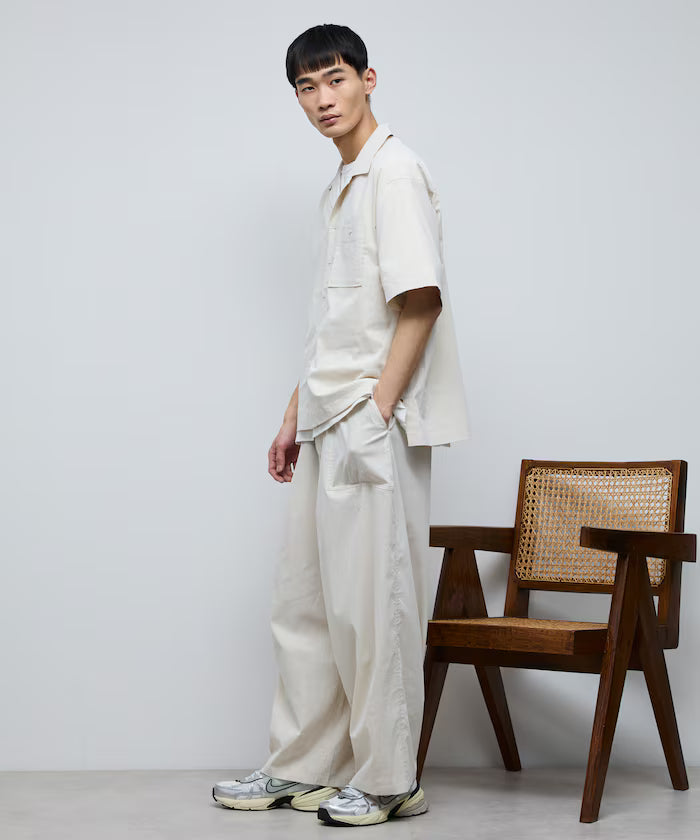 Ramie Blend Oversize Short Sleeve Open Collar Shirt / Easy Care Shirt / Linen Blend Short Sleeve Shirt