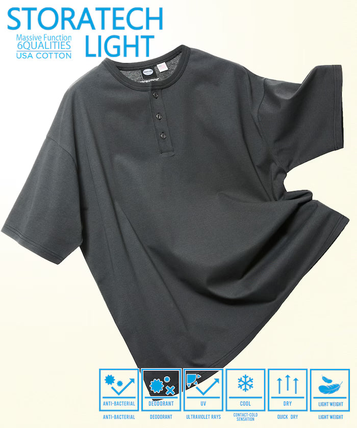 STORATECH/Stratech Lightweight Henley Neck T-Shirt/Antibacterial/Odor Resistant/Antimicrobial/UV Cut/Contact Cooling/Dry Fast 【Limited Edition】 - Smoky Black