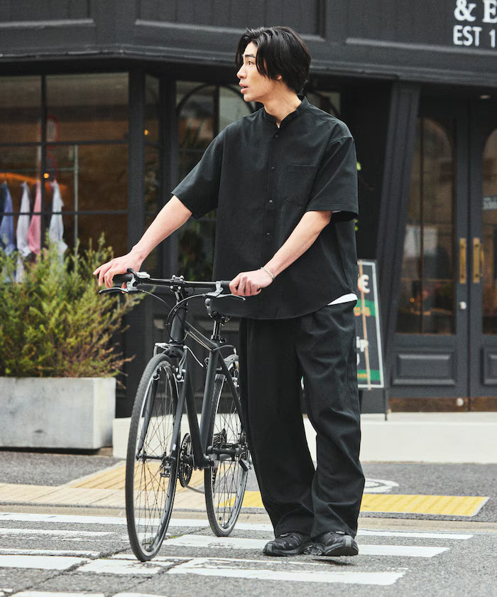 [New Color Added] Quick-Dry Material Relaxed Fit Band Collar Shirt Short Sleeve Linen Feel