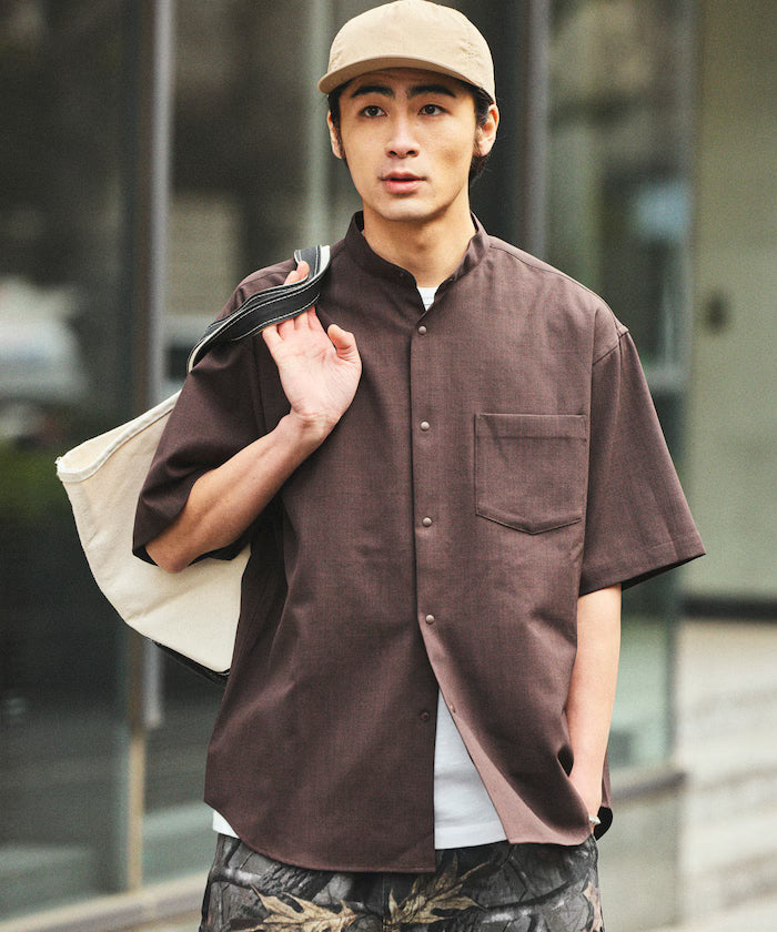 [New Color Added] Quick-Dry Material Relaxed Fit Band Collar Shirt Short Sleeve Linen Feel