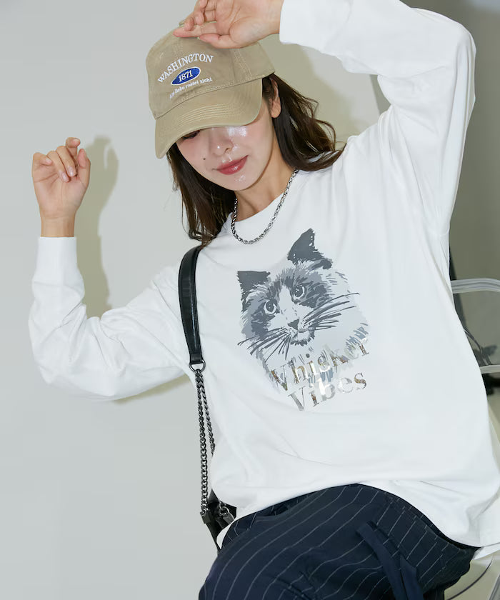 Handwritten-style Cat Print Foil Logo Long Sleeve T Limited Edition