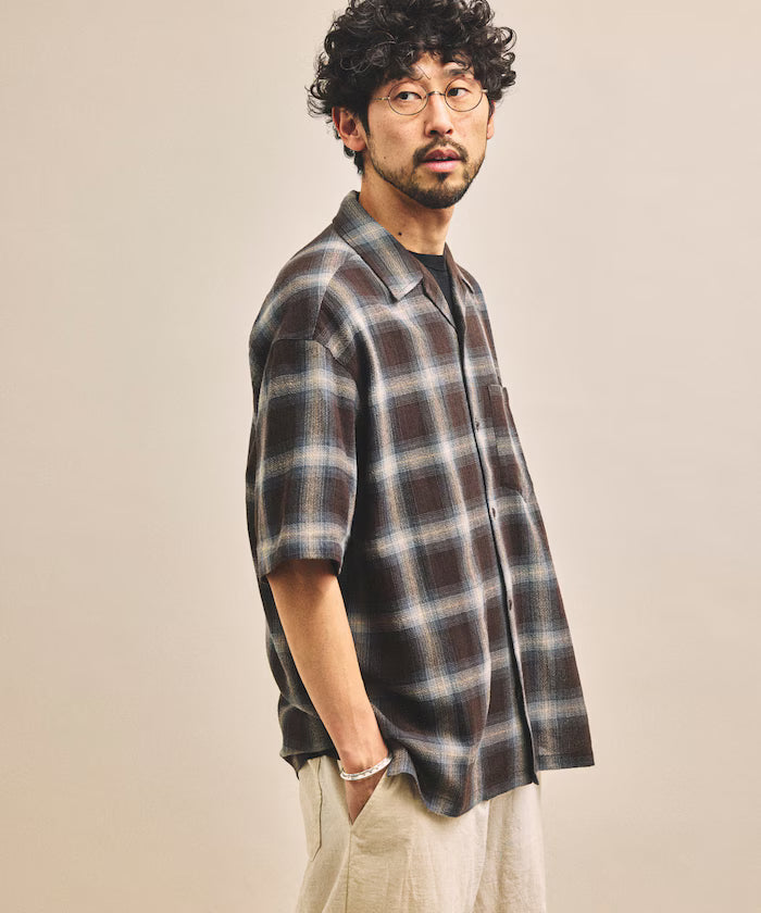 Dyed Ombre Check Open Collar Short Sleeve Sheer Shirt Relaxed Fit
