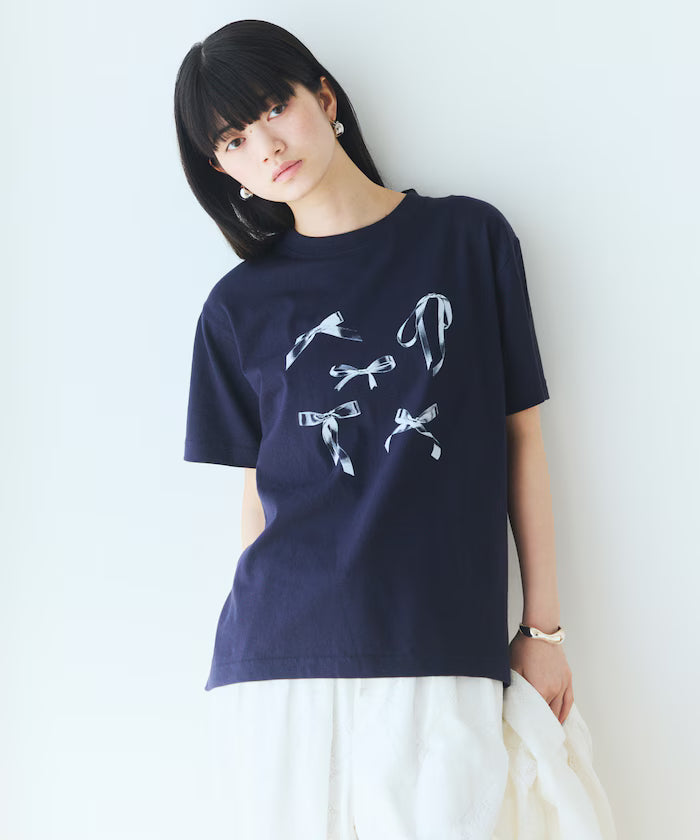 Comfortable Ribbon Print Crew Neck T-shirt - Navy