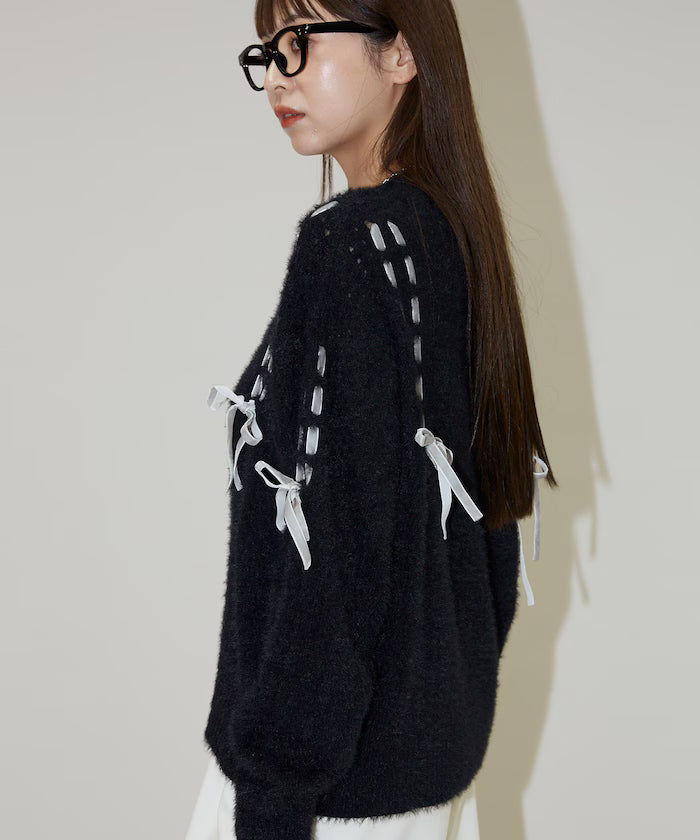 Velour Ribbon Braided Feather Knit Cardigan Limited Edition