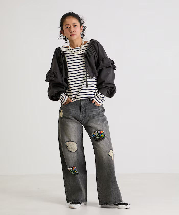 Flower Embroidery Wide Denim