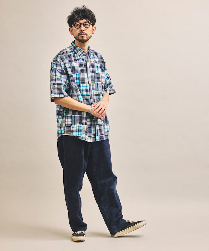 Indian-made Relaxed Fit Madras Check Patchwork Button-down Short Sleeve Shirt