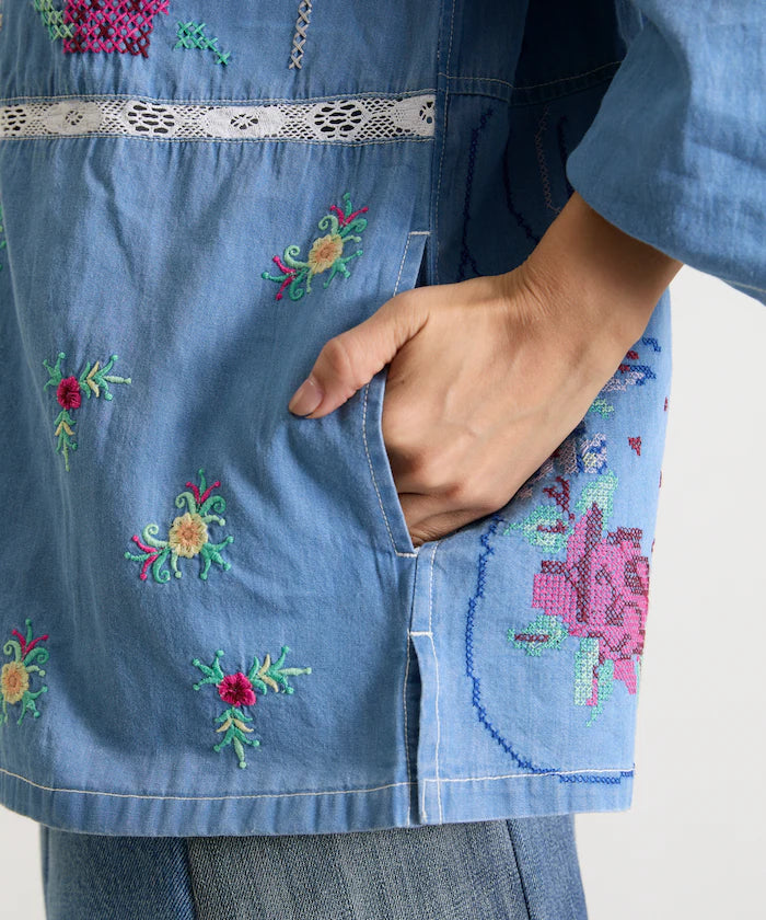 Open Collar Embroidered Shirt Jacket