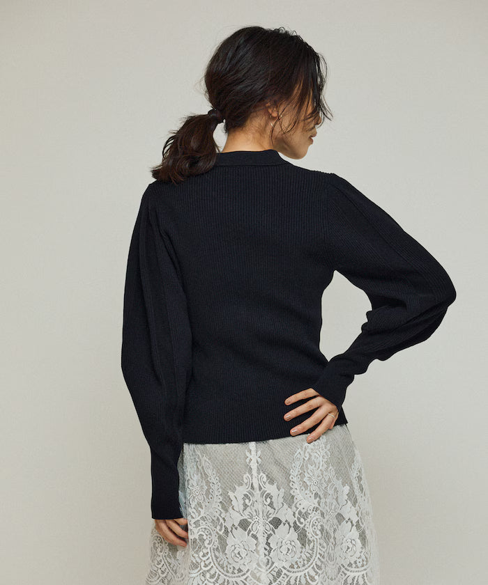 Functional material silk blend knit polo volume sleeve knit cardigan / anti-pill / machine washable