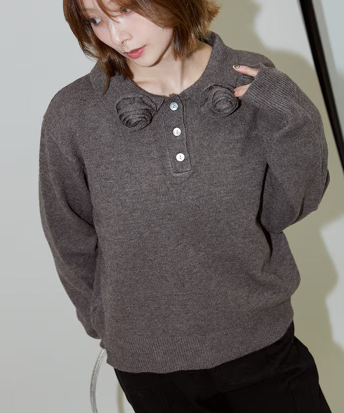 Polo knit pullover with flower motif - limited edition