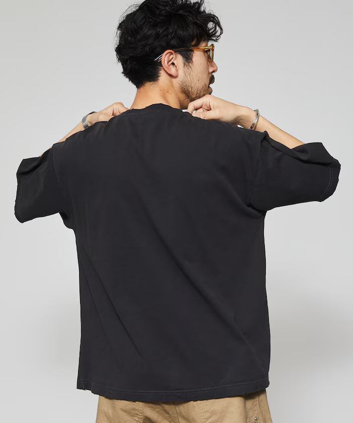 7.3 oz damaged processed front logo print short sleeve T-shirt / oversized crew neck short sleeve T-shirt