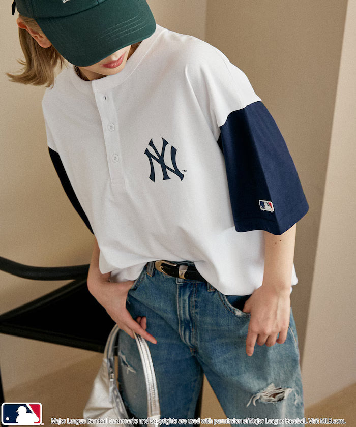 Limited Edition Custom MLB Logo Print Henley Neck Oversized T-Shirt