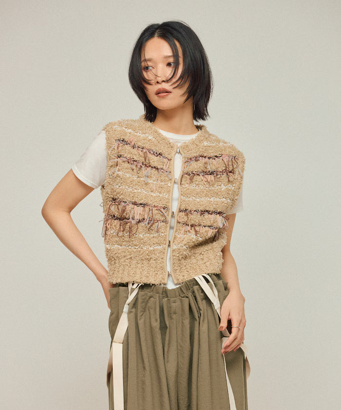 Mixed Material Fringe Knit Vest / Striped Knit Vest 25AW