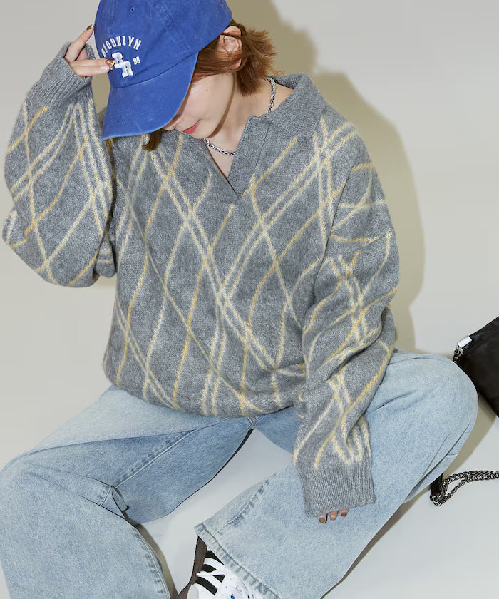 Checked pattern mohair touch skimmer knit limited edition