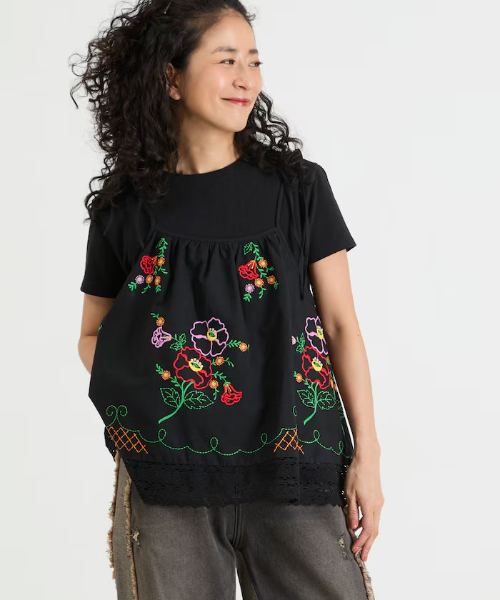 India Shoulder Ribbon Embroidered Remake Style Camisole - Black