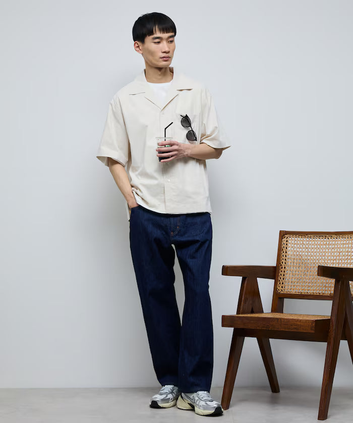 Ramie Blend Oversize Short Sleeve Open Collar Shirt / Easy Care Shirt / Linen Blend Short Sleeve Shirt