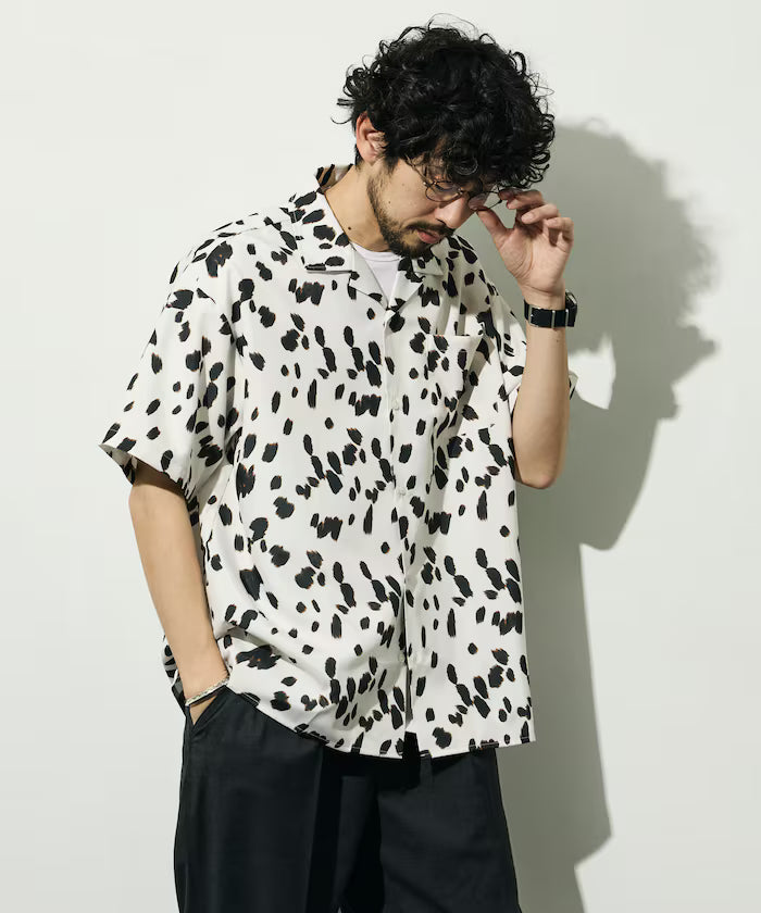 Open collar pattern short sleeve shirt / all-over design open collar shirt / compatible with set-up