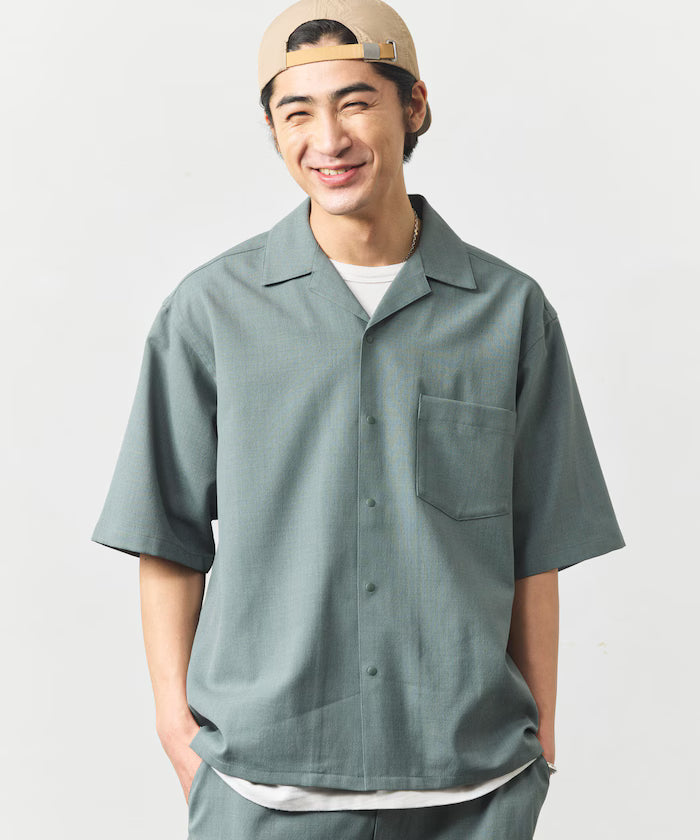 [New Color Addition] Quick-Dry Material Relaxed Fit Open Collar Short Sleeve Shirt Linen-Like