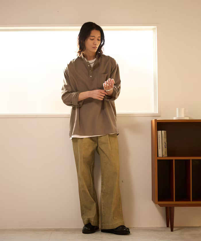 Relax Fit Linen Mix Band Collar Pullover Shirt [Limited Edition]