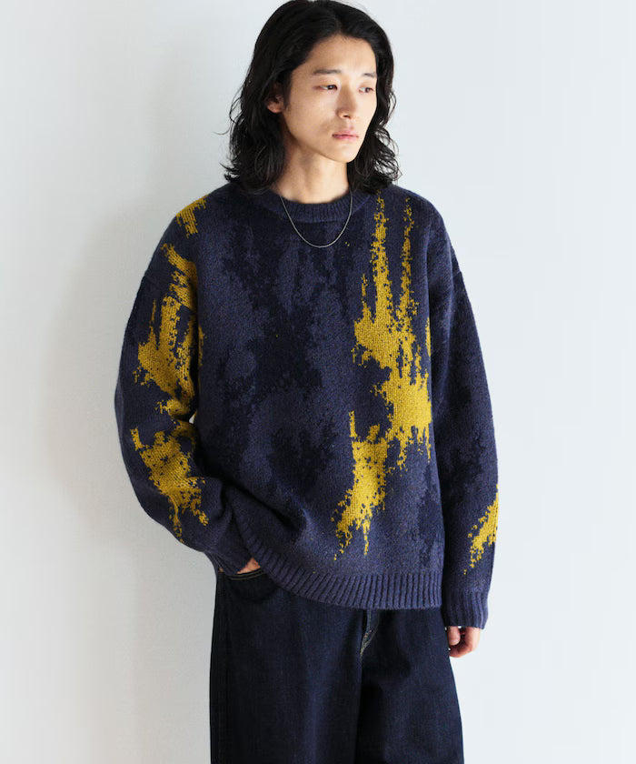 All-over Pattern Double Jacquard Knit Crew Neck Pullover / Relaxed Fit
