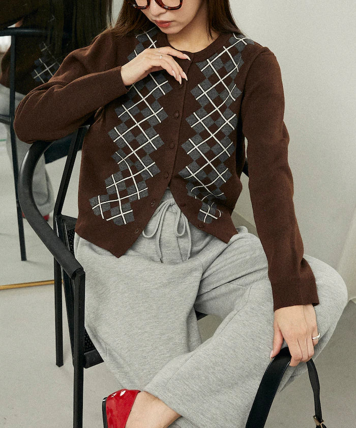 Argyle Pattern Jacquard Knit Cardigan Limited Edition - Brown