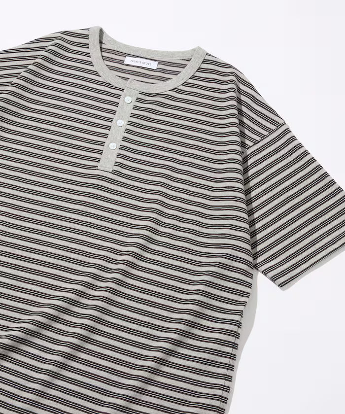 Multi-border Henley Neck Short Sleeve T-shirt - Gray