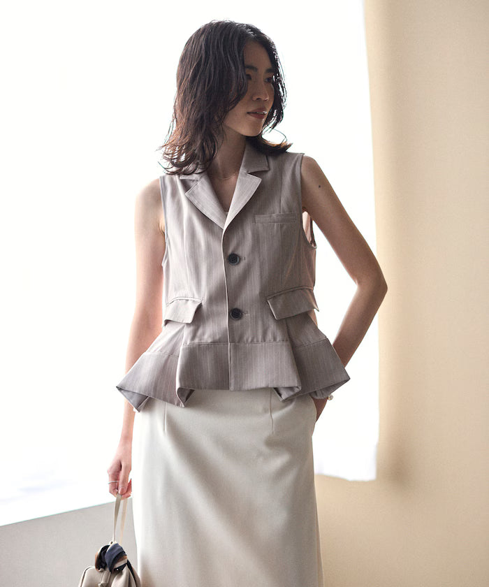 Pinstripe Flare Hem Short Vest - Beige