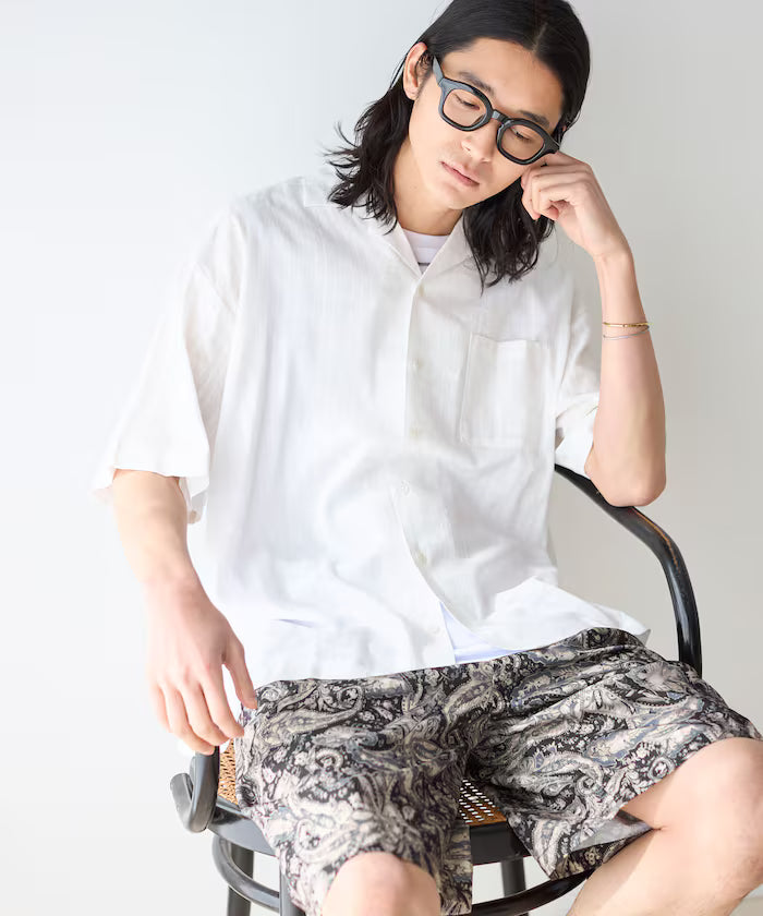 Dobby Weave Short Sleeve Open Collar Shirt / Big Silhouette - White